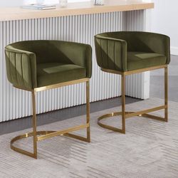 219d Modern Counter Height Bar Stools Set of 2, Velvet Upholstered Stool with Gold Metal Frame, 24 Inch Kitchen Island Stool for Home Bar &Dining Room