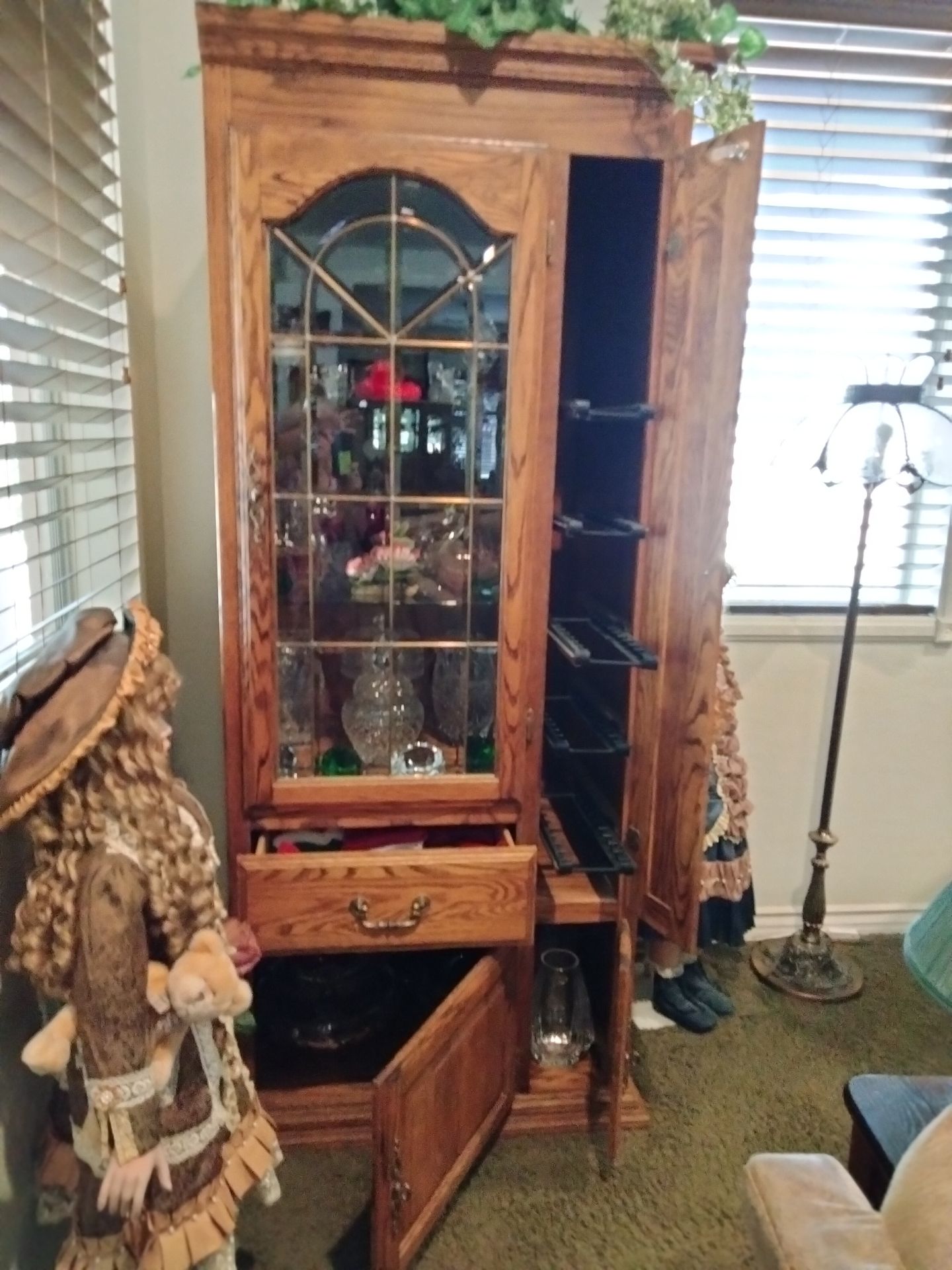 Curio cabinets can be together or separate oak heavy large