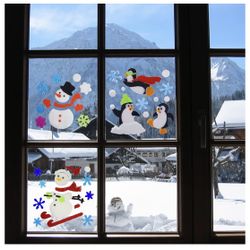 Christmas Gel Window Clings Decorations Window Stickers Gel Window Decor Includes Santa Claus Snowman Christmas Tree Snowflake Penguin Elk, Reusable a