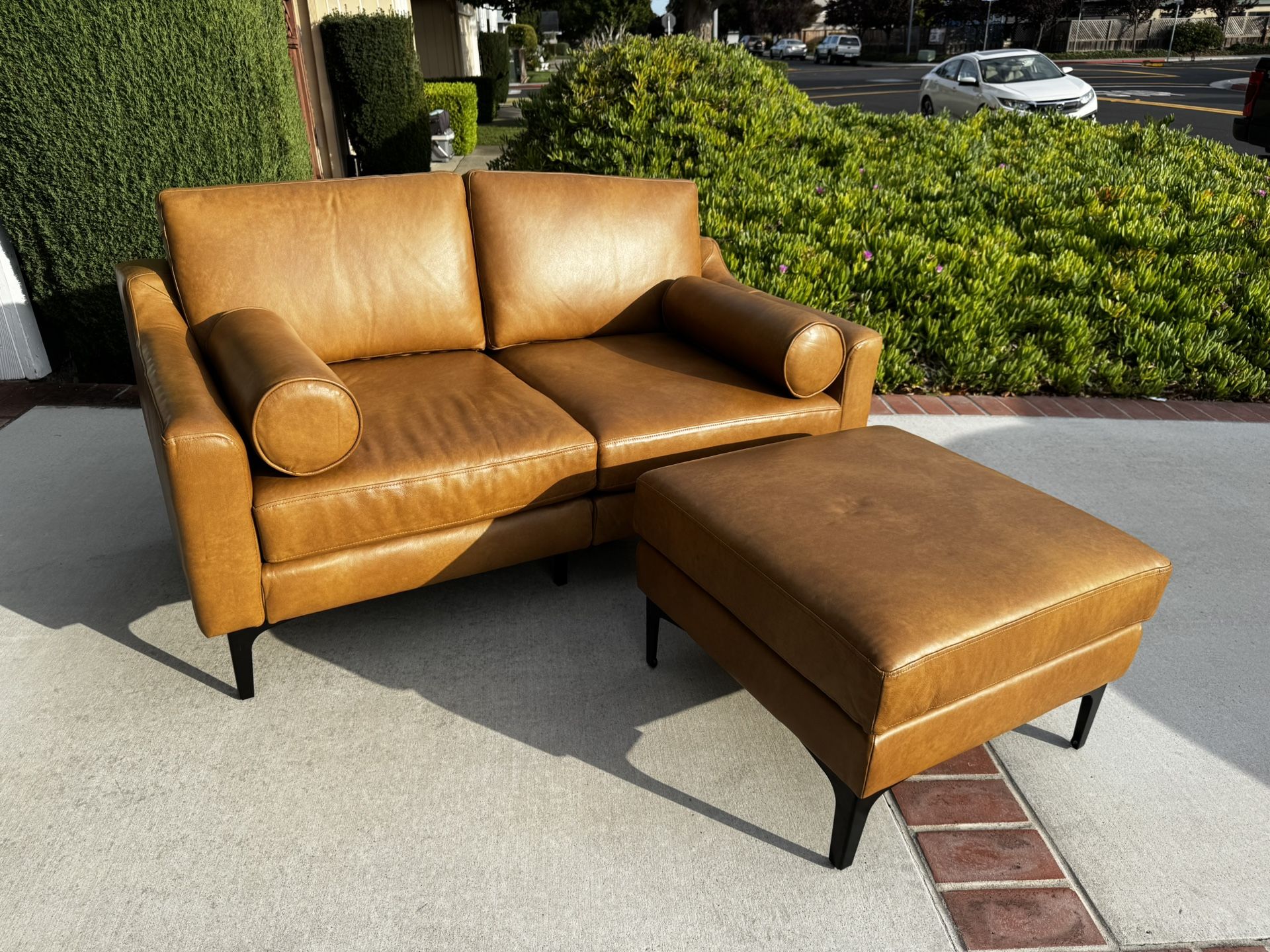 Burrow Nomad Leather Loveseat And Ottoman