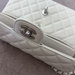 Chanel Beige Off White Flap Bag Silver Hardware 
