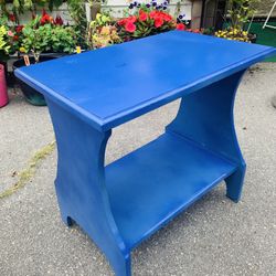 WOOD ACCENT TABLE 27 Inches X 17 Inches X 24 Inches BLUE ENAMEL PAINT LIGHT WIEGHT EASY TRANSPORT MULTIPLE USES