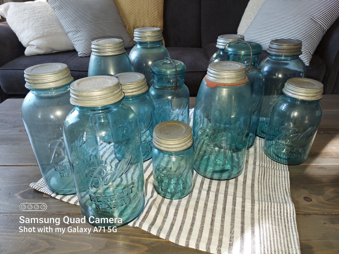 Vintage Blue Ball Perfect Mason  and Ideal Jars With Lids