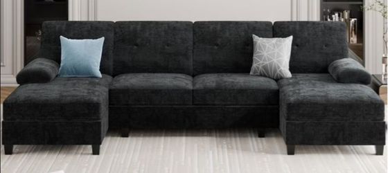 U-Shaped Sectional Sofa with Double Chaise,Linen Fabric 4-Seat Modern Couch, Removable Pillows for Apartment Living Room