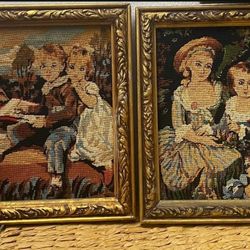 Juego Cuadros Antiguos Tejidos Niñas Época 