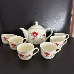 Vintage Porcelain East Asian Cream Tea Set with Red, Pink & Gold Floral Motif 