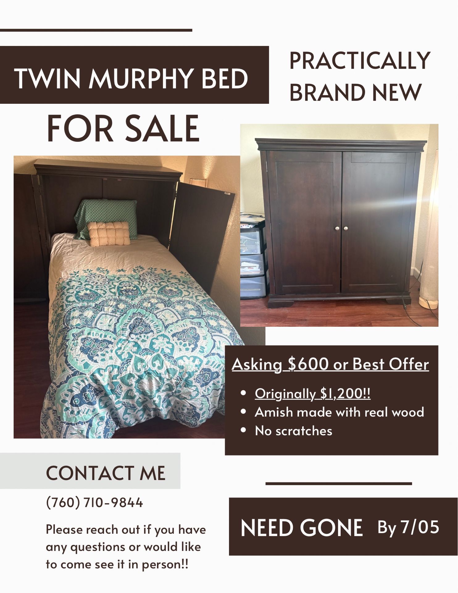 Practically BRAND NEW Twin Murphy Bed $600 Or Best Offer NEED GONE by 7/05
