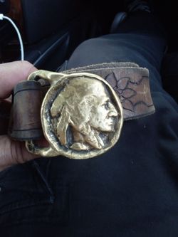 OBO Solid Brass 1970s Indian Head Buffalo Nickel Native American Vintage Belt Buckle by Trinity Buckle