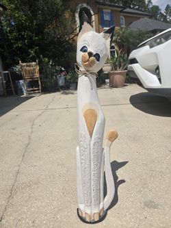 Charming Large Wood Folk Art Painted Cat Statue Sculpture