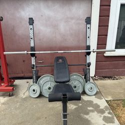 Workout Bench, Weights, And Dumbbells. 