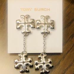 Tory BURCH SILVER DANGLE DROP T LOGO EARRINGS 