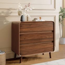 3 Drawer Dressers for Bedroom, Curved Dresser with Storage Drawer, Wooden Bedroom Furniture Drawer for Closet, Walnut