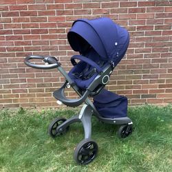 Stokke Xplory Navy Blue Stroller with Carry Cot
