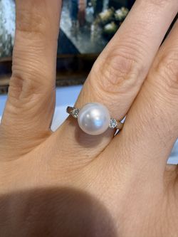 18K White Gold Pearl And Diamonds Ring Perfect Gift 🎁 