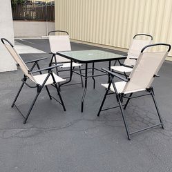 (New in box) $100 Patio 5 Piece Dining Set (32x32” Table and 4pc Folding Chairs) 