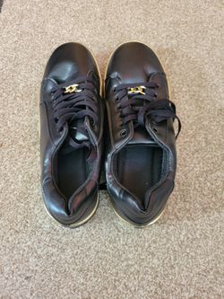 Black Leather Sneakers with Gold Chain Detail. Size 10.5