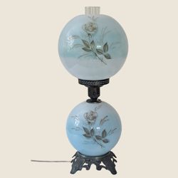 Vintage Blue Glass Gone With The Wind Parlor Lamp Floral 22" Hedco Style 1960s