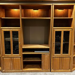 Solid Oak Entertainment Center with Built in Lights