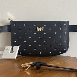 Msrp: $128 Michael Kors Studded Fanny Pack Waist Belt Bag Black&Gold   S/M