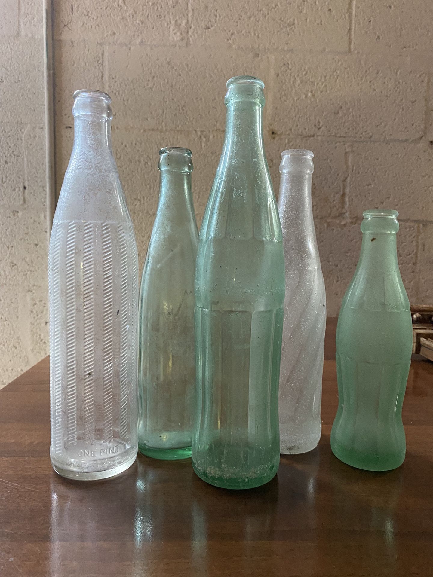 5 Vintage Antique Glass Bottles Soda Pop Coca Cola Frosted Aqua Blue Glass Rustic Vase 8”-11”