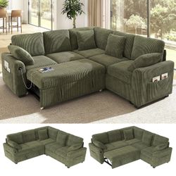Sectional Sleeper Sofa w/ Storage + USB – Green Corduroy (83”)
