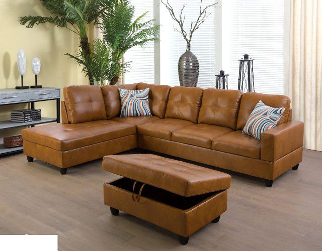 New Ginger Leather Sectional With Ottoman 