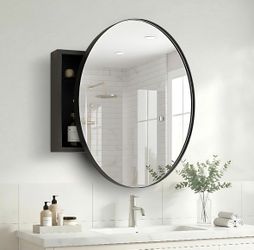 28 Inch Round Medicine Cabinet with Mirror - Metal Frame Bathroom Medicine Cabinet with Storage and Adjustable Glass Shelves – Space-Saving, Stylish &