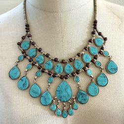 Boho Turquoise Teardrop Bib Necklace with Wood Beads – Artisan  tribal Style 