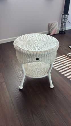 White Wicker Round Side Table
