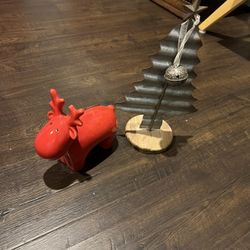Metal Tree and Red Moose Decor
