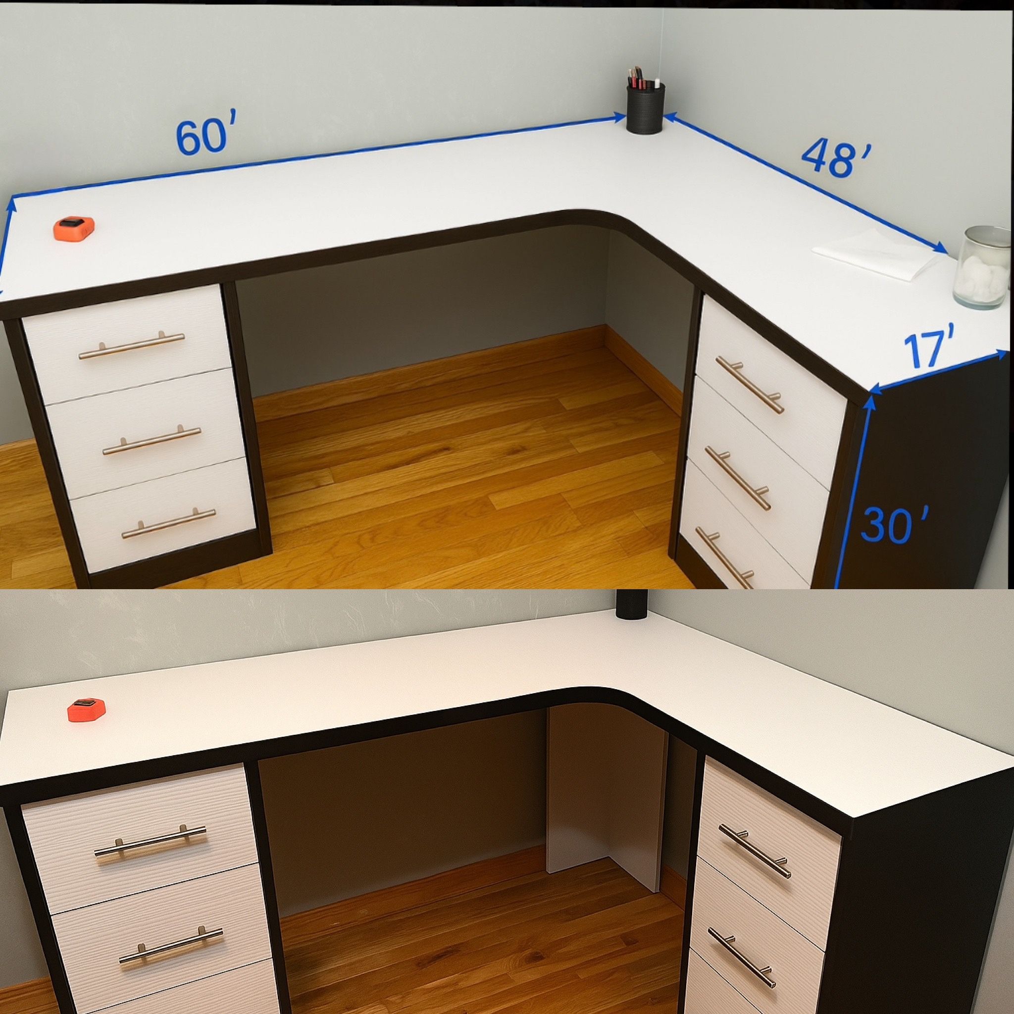 Custom L-Shaped Desk with Drawers — Modern Two-Tone Design
