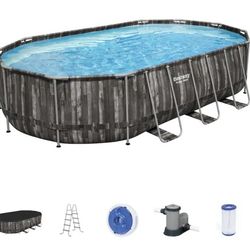 Bestway 16 in. x 10 ft. x 42 in. Power Steel Oval Frame Swimming Pool Set with Pump, Ladder and Cover