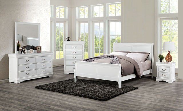 White Queen 4 Piece Bedroom Set- Queen Bed, Nightstand, Dresser & Mirror 