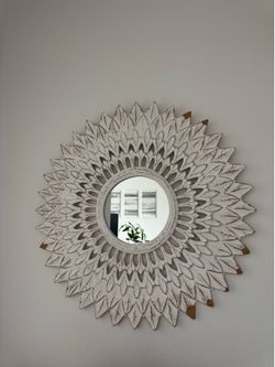hand carved wood sunburst mirror Boho wall decor