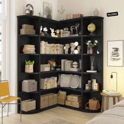 Corner Bookshelf, 5-Tier L-Shaped Display Shelf, for Living Room Bedroom Study Office, Black