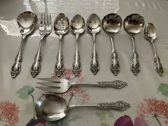 Oneida Community BRAHMS Stainless Glossy 10Pc Hostess Serving Spoon Fork Ladle Excellent condition plus extras