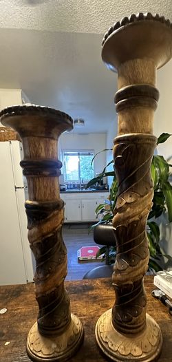 Tall Carved Wood Pillar Candleholders Set of 2