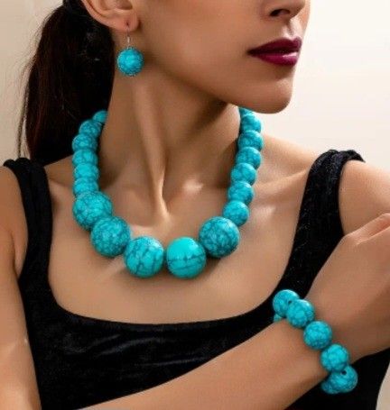 ELEGANT FAUX ACRYLIC TURQUOISE BEADED NECKLACE, BRACELET & EARRINGS SET