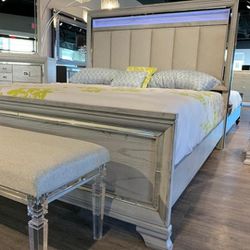 Vail Gray LED Upholstered 4pc Beddresser mirror nighstand❤️✨ Same/Next Day Delivery Option 🚛👍🏼 Q$1699 king $1849