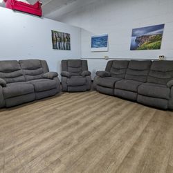 Contemporary Grey Fabric Recliner Couch with Matching Recliner Loveseat and Rocker Recliner Chair