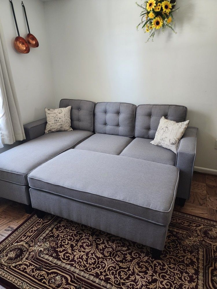Brand New Light Grey Linen Sectional Sofa +Ottoman (New In Box) 