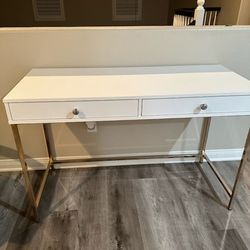 Modern White Desk with Gold Legs – 2 Drawers – Like New