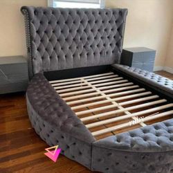 Gray Color Tufted Headboard Luxus Velvet Queen Upholstered Bed| 3 Boxes 39$ Down Payment @ Fast Delivery 🚚