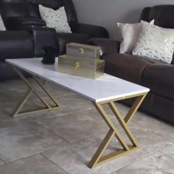 Coffee Table Living Room Table Centre Table, Faux Marble Rectangular Tea Table With Sturdy Metal Frame, Industrial Wooden Coffee Table For Bedroom Hom