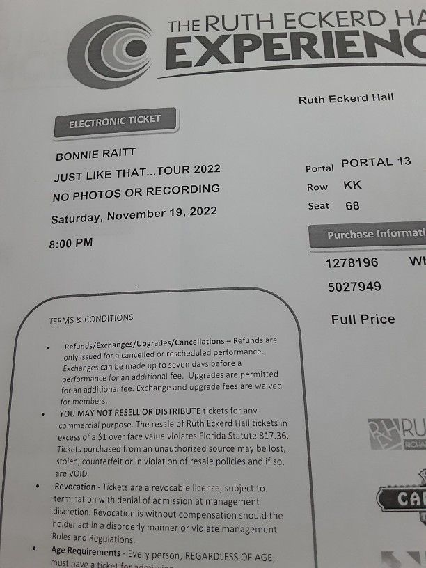 Bonnie Raitt Tickets For NOV 19th
