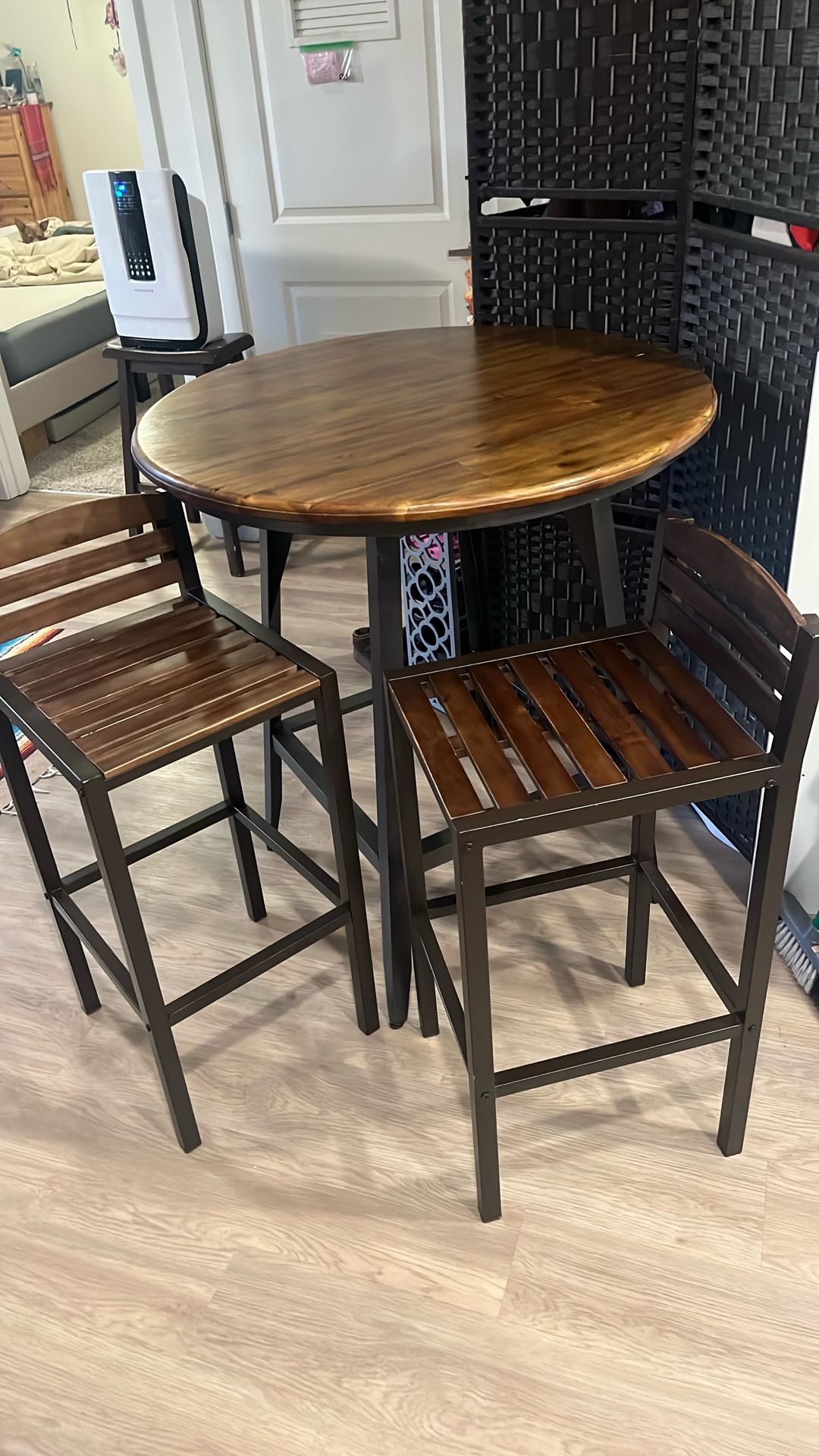 Rustic Wood And Metal World’s Market, High chairs And Table