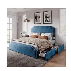 Queen Size Padded Headboard And Bed frame With Drawers