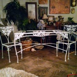  Antique White Wrought Iron Garden or Patio Set with four chairs