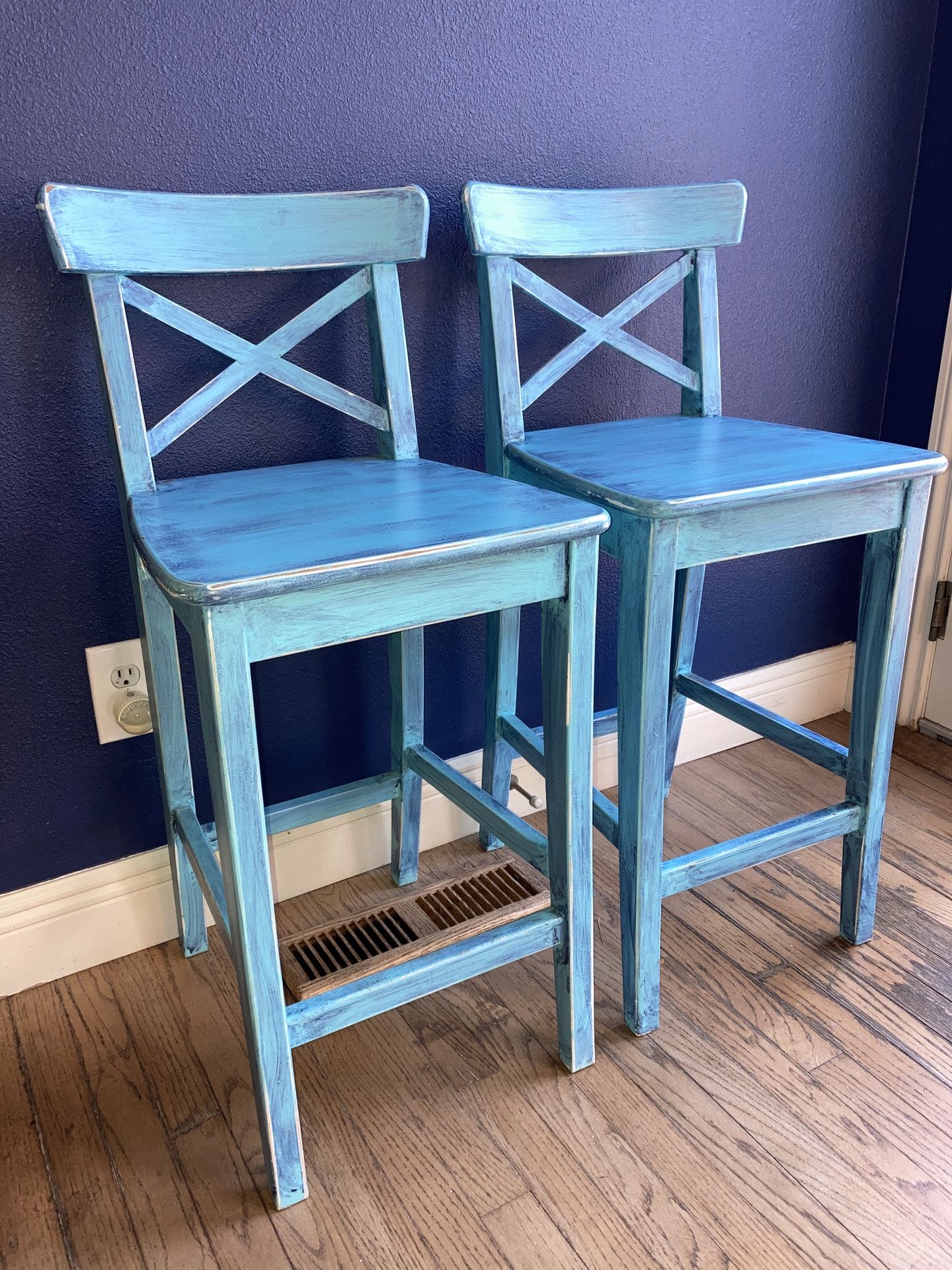 2 Bar Stools Turquoise Blue Counter Height Barstools Farmhouse X Back