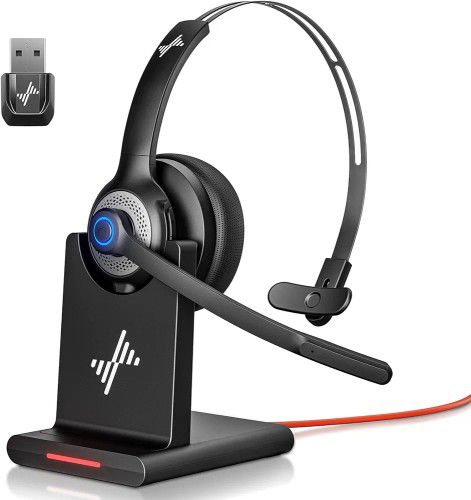 Bluetooth Headset - Wireless Headset with Noise Cancelling Microphone, V5.2 Computer Headphones with USB Dongle, Charging Base & Mic Mute for Work/Cal